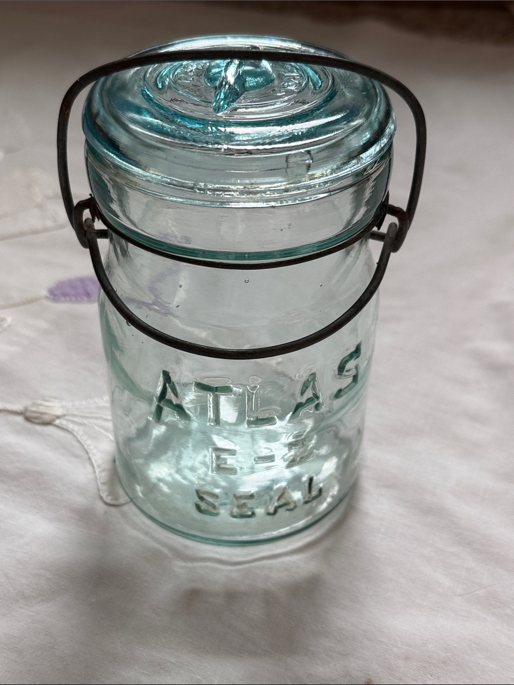 Atlas E-Z Seal Aqua Glass Jar with Wire Bail vintage 6”